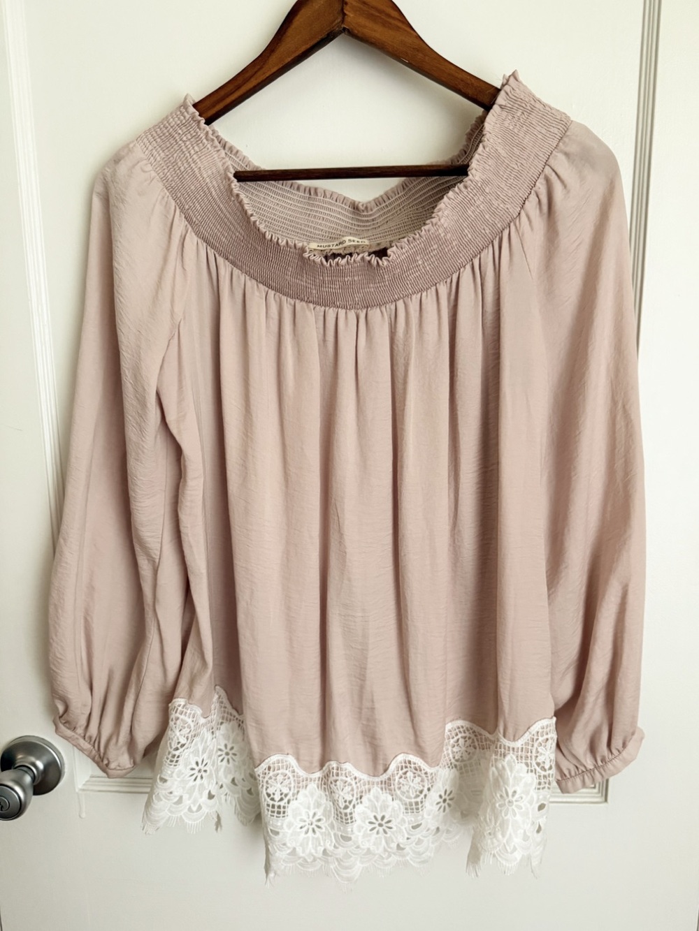 Mustard Seed Blush Pink Smocked Neck Blouse with White Lace Trim